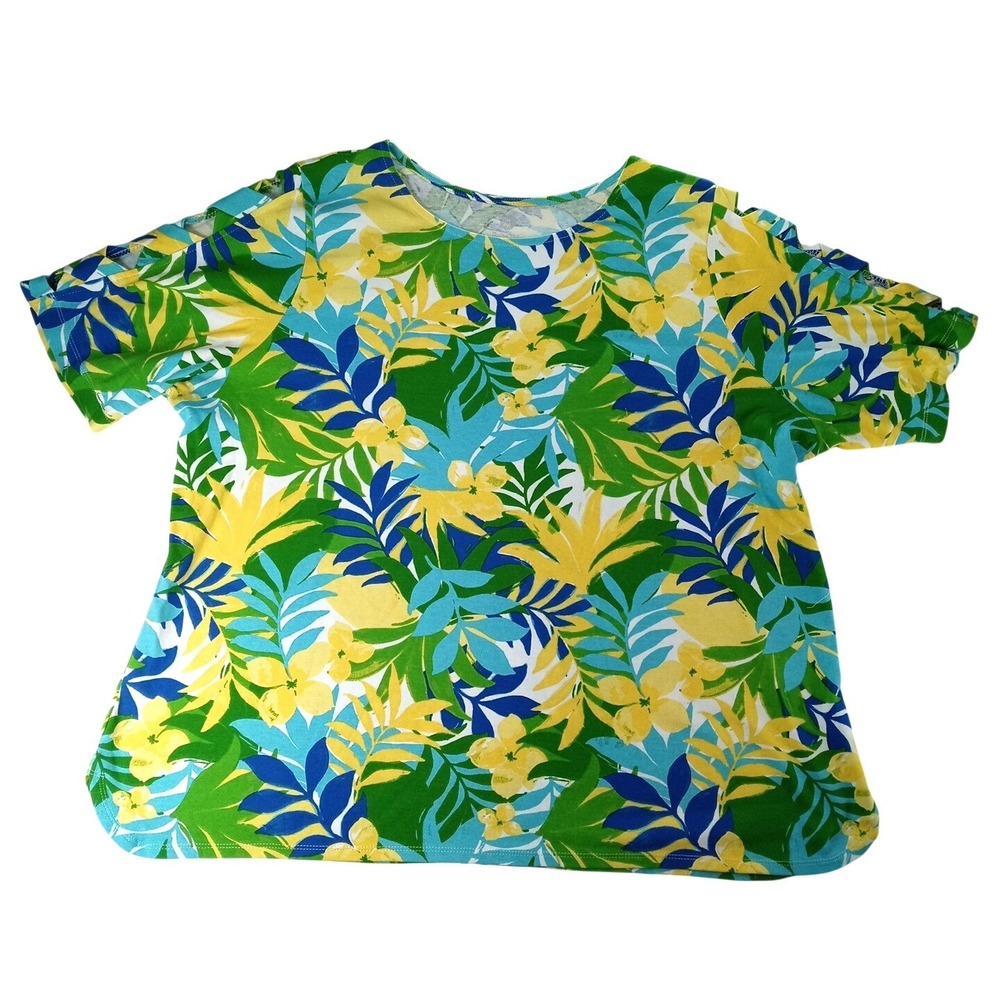Ruby Rd Womens 3X Tropical Floral Print Short Sleeve Top Shirt Blue Yellow Green